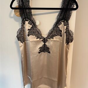 Cami NYC Silk-Look Chemise in Champagne with Black Lace